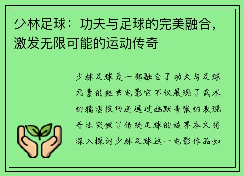 少林足球：功夫与足球的完美融合，激发无限可能的运动传奇