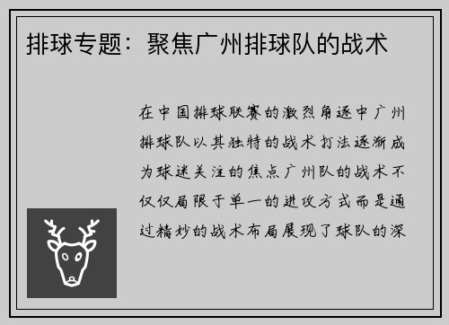 排球专题：聚焦广州排球队的战术