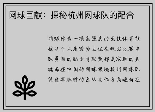 网球巨献：探秘杭州网球队的配合