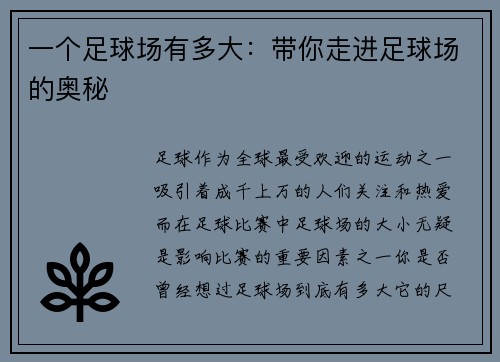 一个足球场有多大：带你走进足球场的奥秘