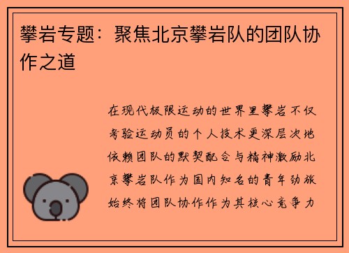 攀岩专题：聚焦北京攀岩队的团队协作之道