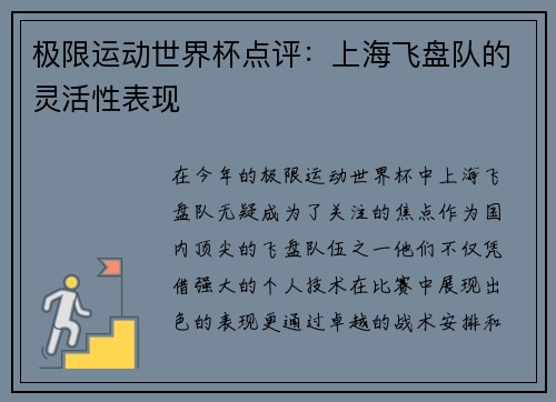 极限运动世界杯点评：上海飞盘队的灵活性表现