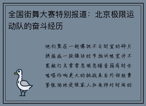 全国街舞大赛特别报道：北京极限运动队的奋斗经历