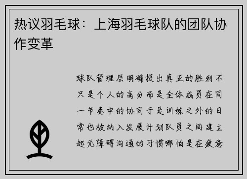 热议羽毛球：上海羽毛球队的团队协作变革